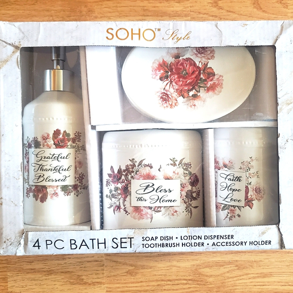 4-piece ceramic bath set with Inspiration Quotes, Victorian Roses